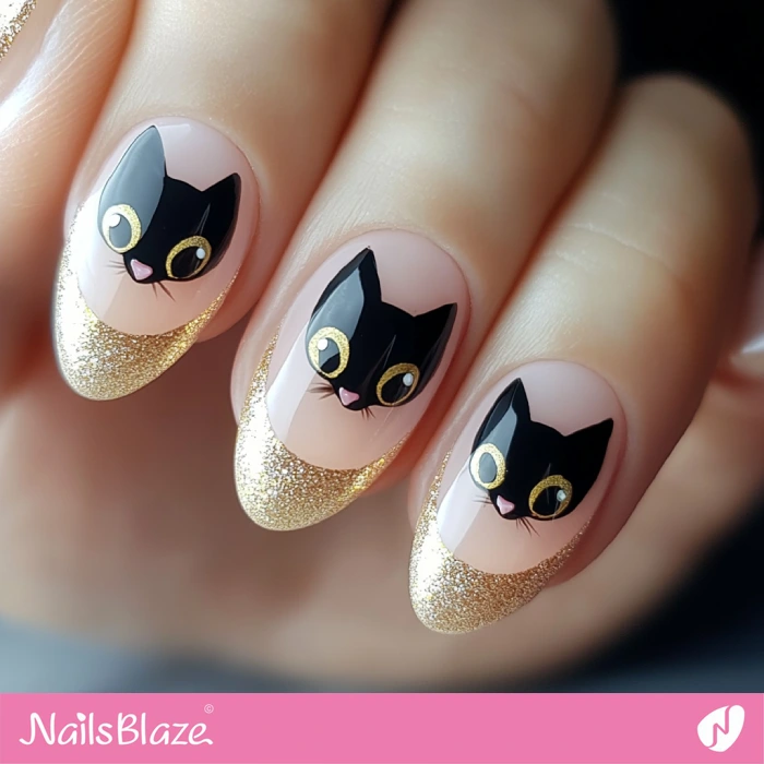 Cute French Nails with Black Cat Head | Halloween Black Cat Nails - NB5786