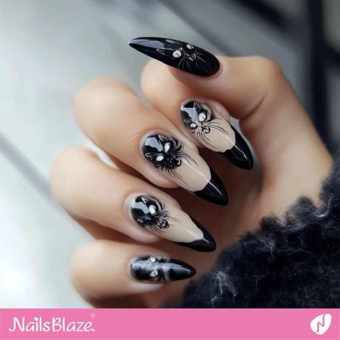 Scary Nails Design with Black Cat | Halloween Cat Nails - NB5875