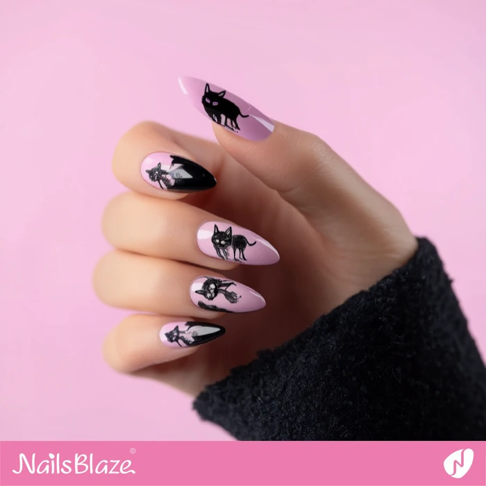 Halloween Pink Nails with Black Cats | Halloween Cat Nails - NB5876