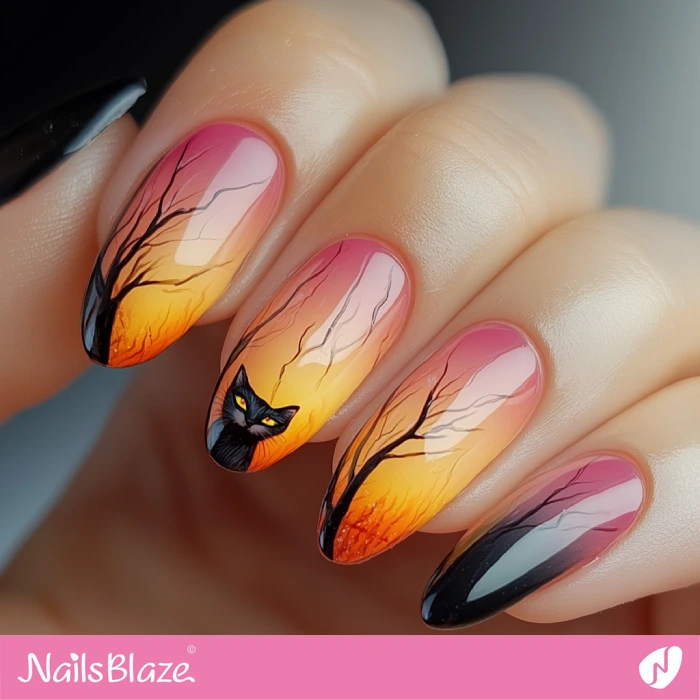 Black Cat on Fire Ombre Nails | Halloween Cat Nails - NB5909