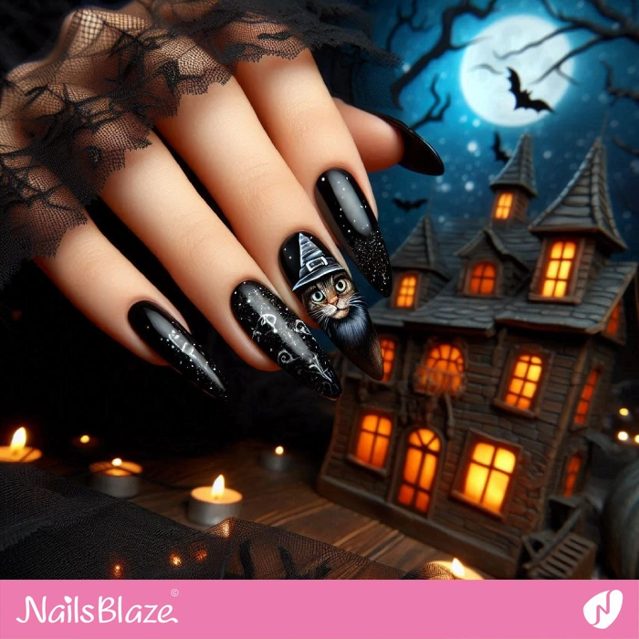 Black Nails with Cat in Hat Nail Design | Halloween Black Cat Nails - NB5778