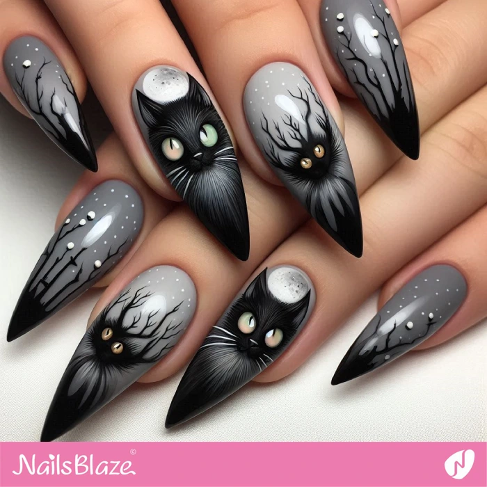 Gray Nails with Halloween Black Cat Design | Halloween Black Cat Nails - NB5780