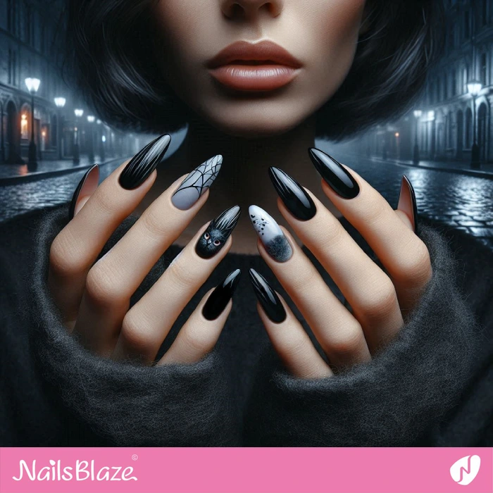 Halloween Black and Gray Nails with a Cat | Halloween Black Cat Nails - NB5781