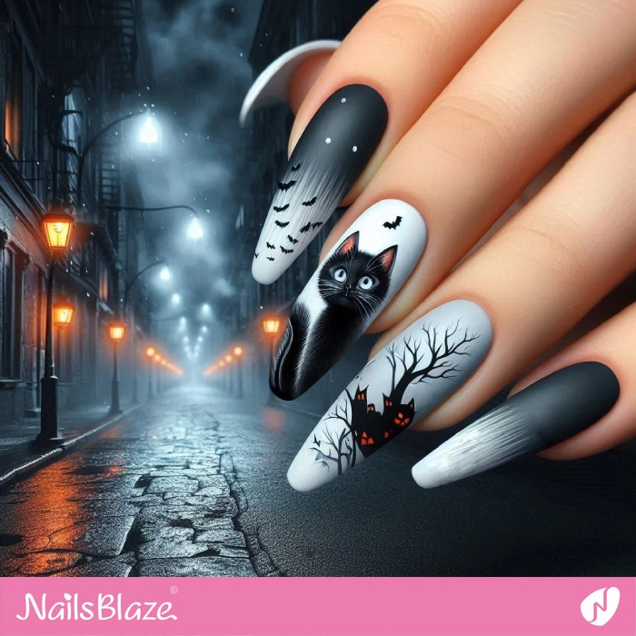 Halloween Black Cat Matte Nails Design | Halloween Black Cat Nails - NB5782