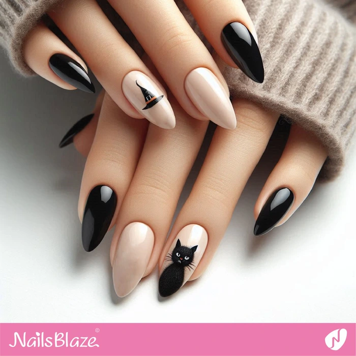 Halloween Black Cat and Witch Hat on Nails | Halloween Black Cat Nails - NB5784