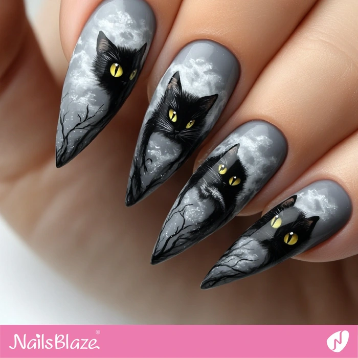 Nails with Frightening Black Cat Design | Halloween Black Cat Nails - NB5785