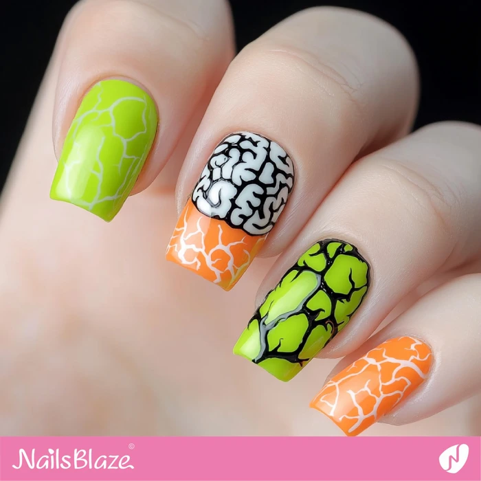 Short Nails with Neon Brain Design | Halloween Brain Nails - NB5887