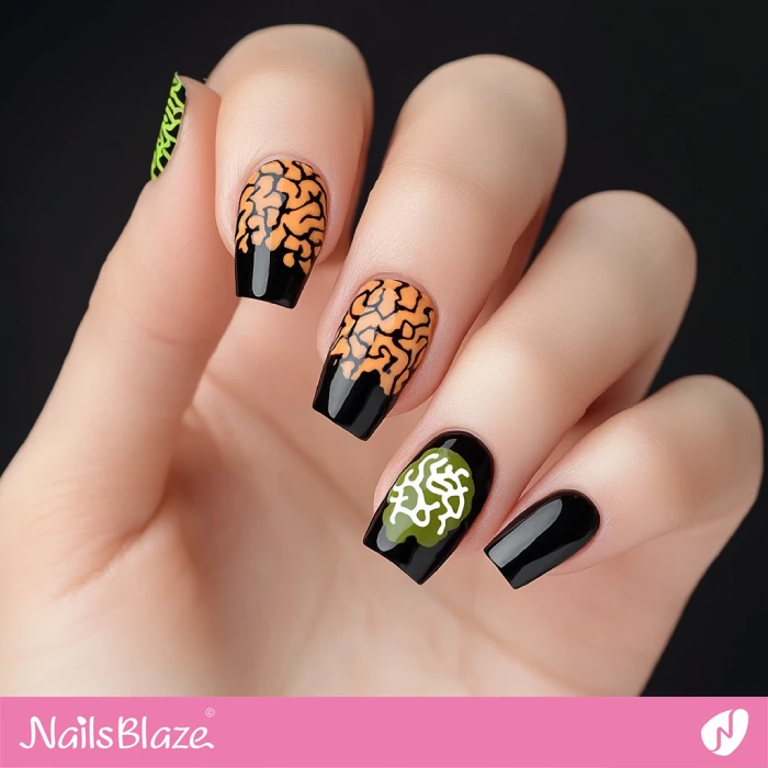 Short Glossy Nails Brain Design | Halloween Brain Nails - NB5890