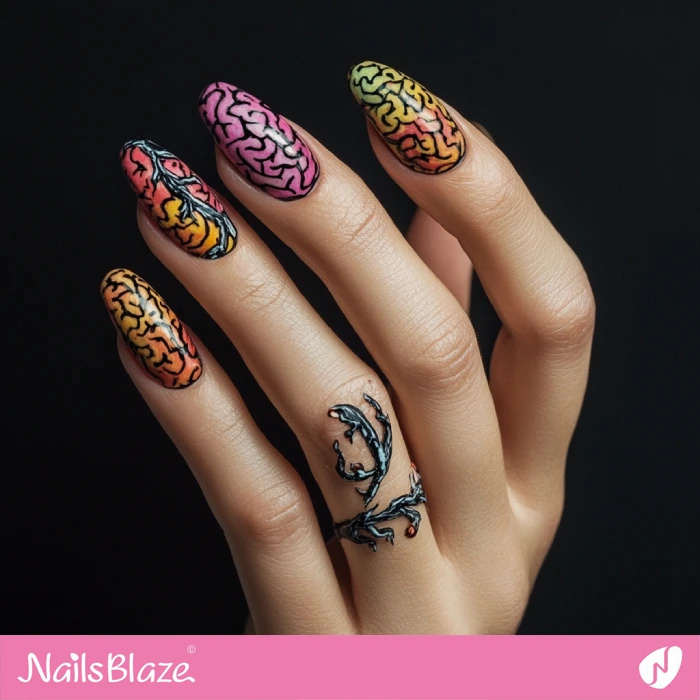 Watercolor Brain Nails Design | Halloween Brain Nails - NB5891