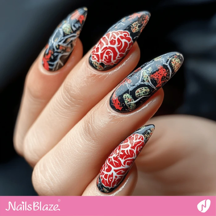 Black and Red Halloween Brain Nails | Halloween Brain Nails - NB5892