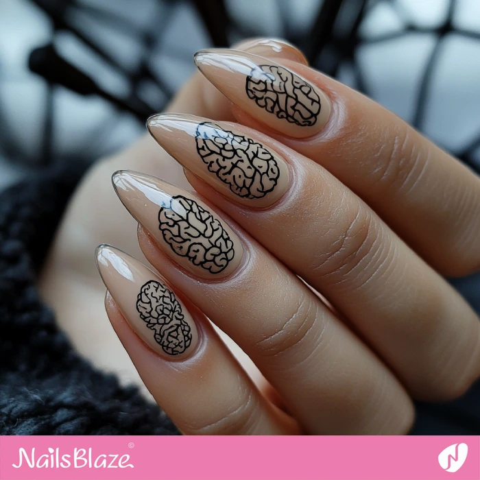 Simple Brain Drawing on Nails | Halloween Brain Nails - NB5896