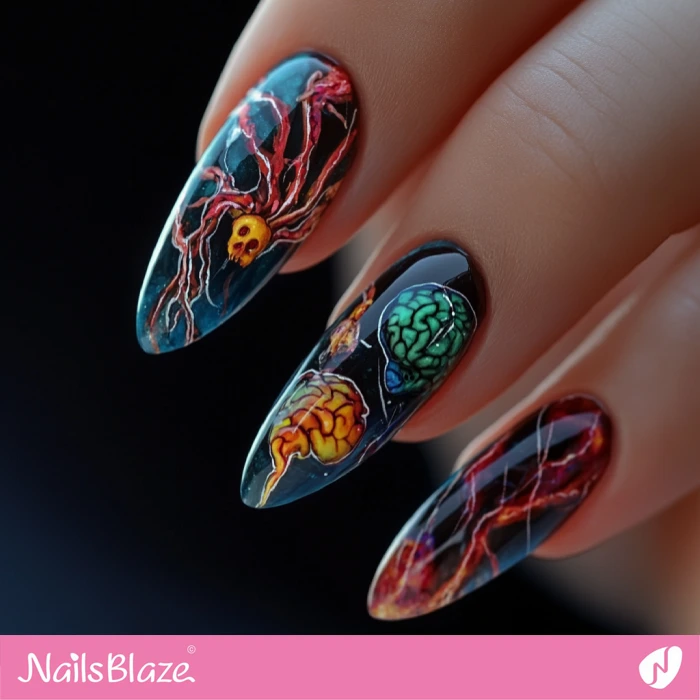 Brain Nails Design for a Mad Scientist | Halloween Brain Nails - NB5897