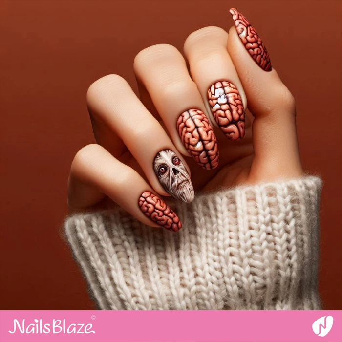 Creepy Brown Nails Brain Design | Halloween Brain Nails - NB5898