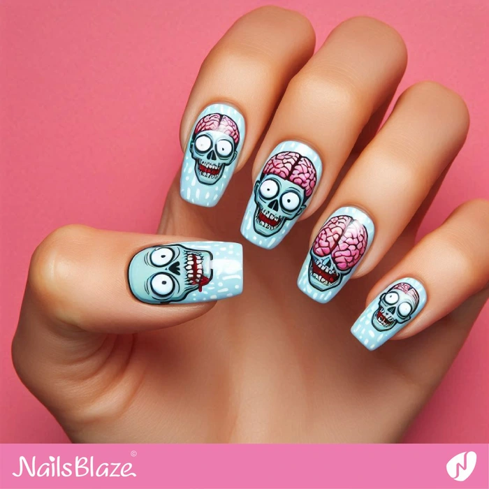 Funny Cartoon Zombie Head with Brain Exposed | Halloween Brain Nails - NB5899