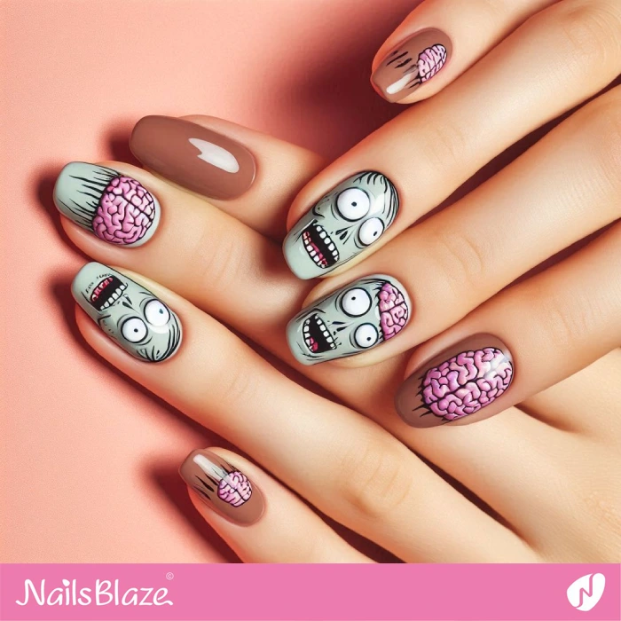 Zombie with Exposed Brain Nails Design | Halloween Brain Nails - NB5900