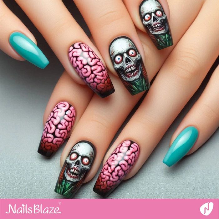 Scary Skull and Brain Nails Design | Halloween Brain Nails - NB5901