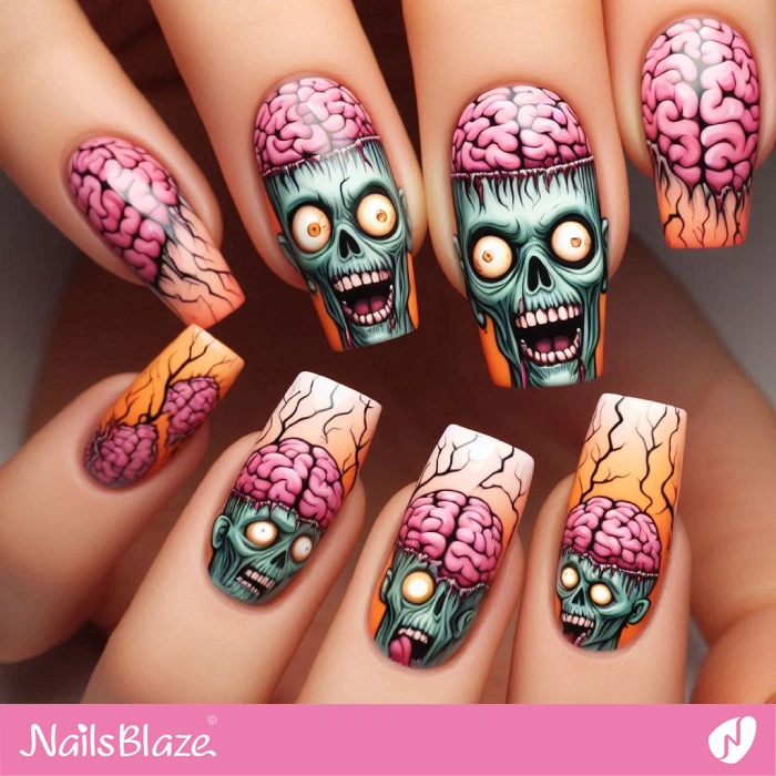 Zombie Head with Brain Open Nails Design | Halloween Brain Nails - NB5902