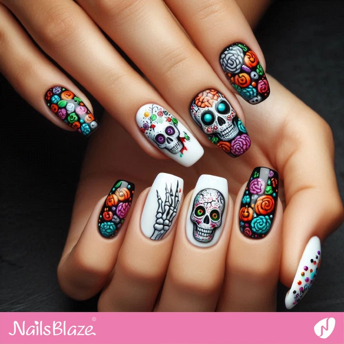 Trippy Halloween Nails Skull and Brain Design | Halloween Brain Nails - NB5903