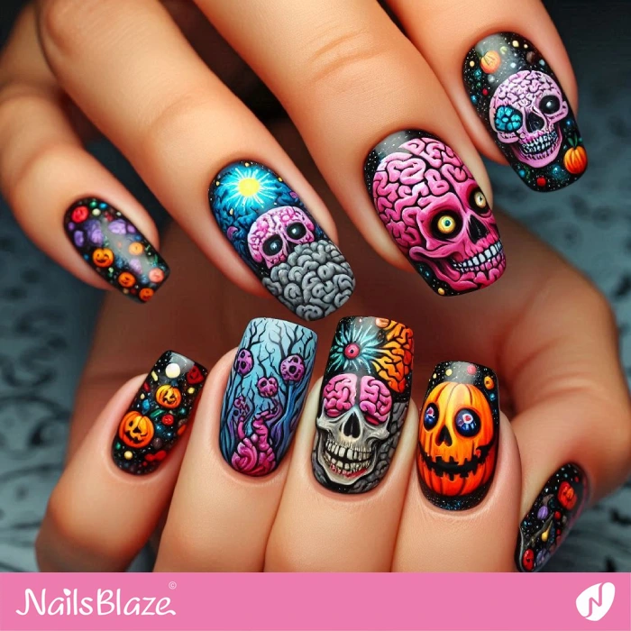 Colorful Halloween Brain Nails Design | Halloween Brain Nails - NB5904