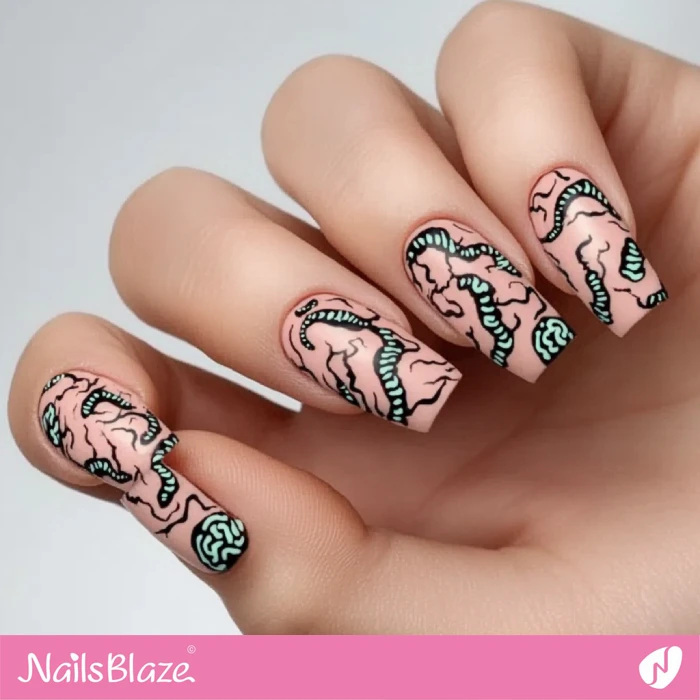 Creepy Brain and Worm Nails Design | Halloween Brain Nails - NB5884