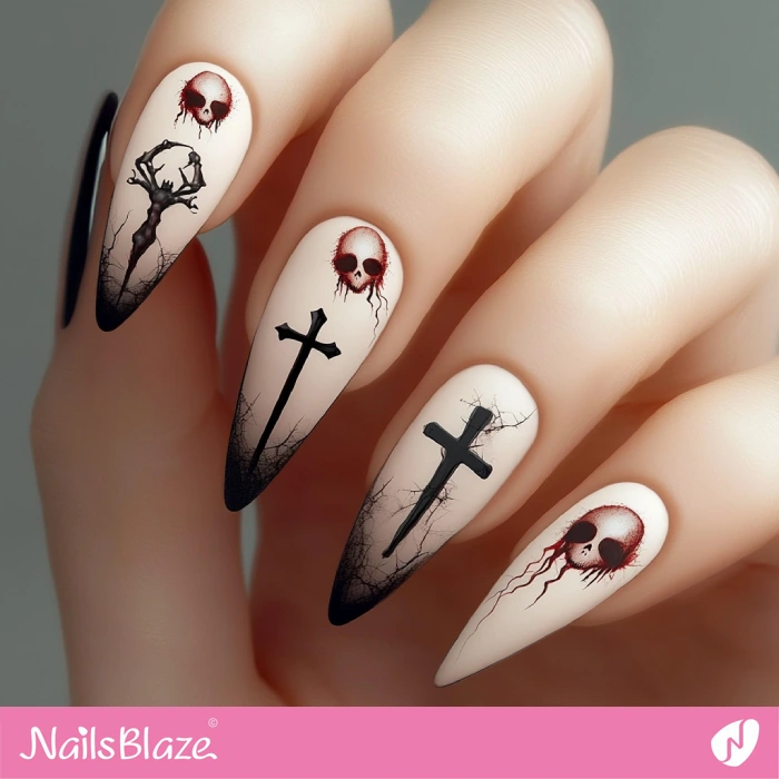 Matte Halloween Nails Cross Design | Halloween Cross Nails - NB6027