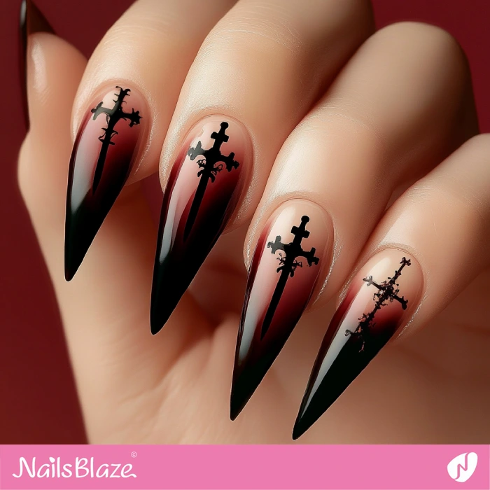 Red Ombre Nails Cross Design | Halloween Cross Nails - NB6028