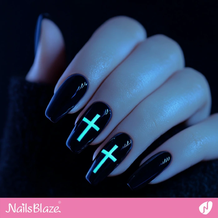 Simple Black Nails Neon Cross Design | Halloween Cross Nails - NB6030