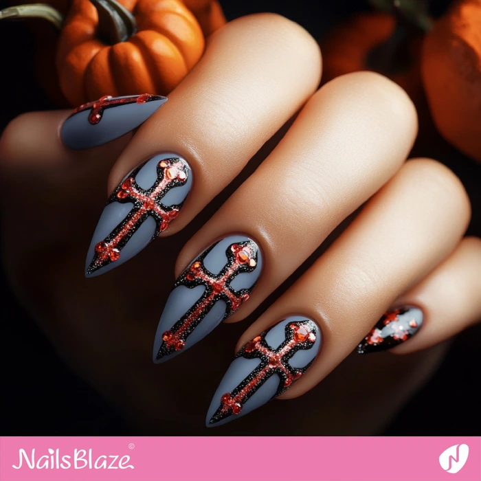 Blue Nails Cross Design | Halloween Cross Nails - NB6031