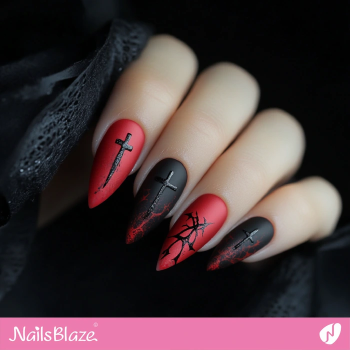 Black and Red Halloween Nails with Crosses | Halloween Cross Nails - NB6033