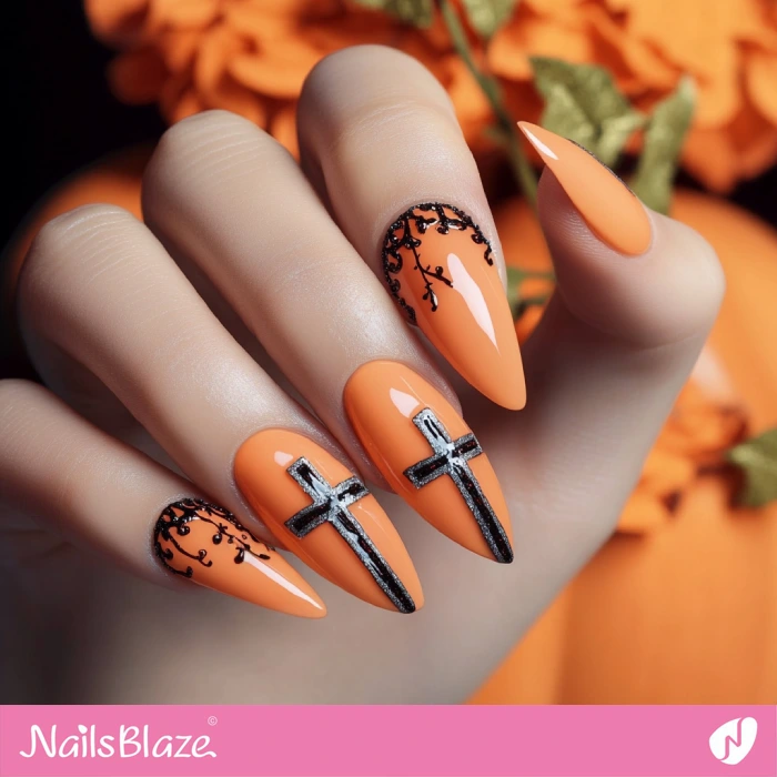 Embellished Orange Nails Cross Design | Cross Nails - NB6034