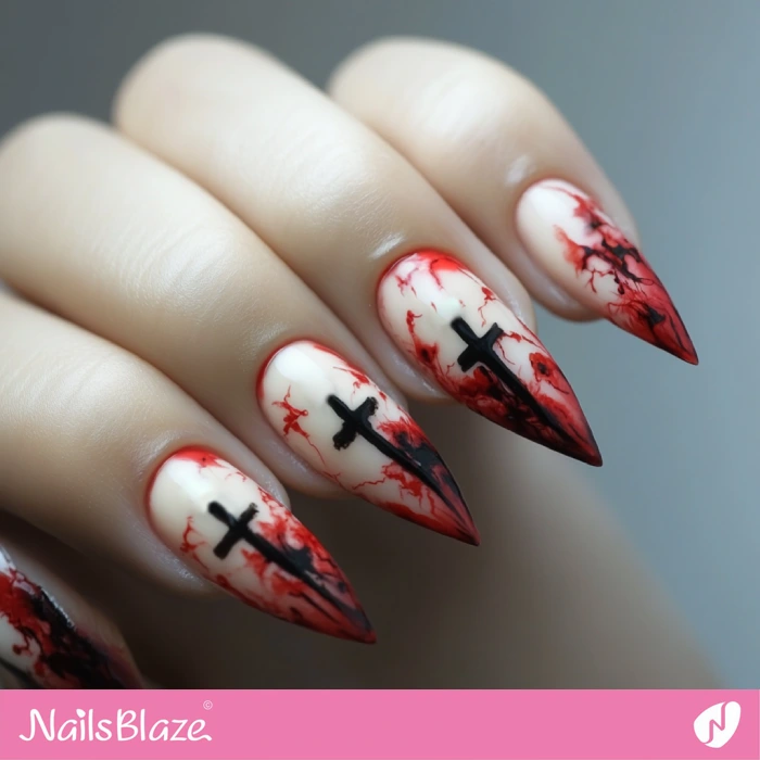 Bloody Nails with Crosses | Halloween Cross Nails - NB6042