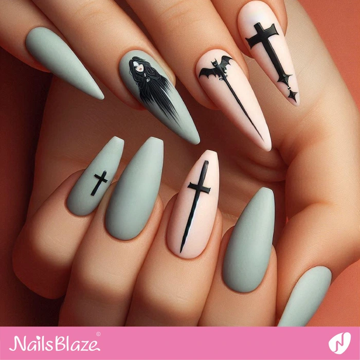 Blue and Pink Cross Nails for Halloween | Halloween Cross Nails - NB6043