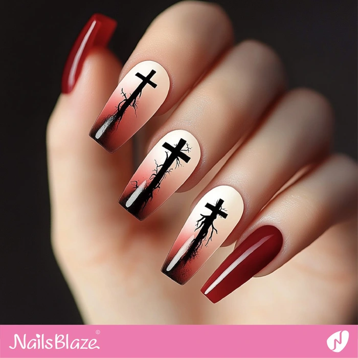 Red Ombre Nails with Crosses | Halloween Cross Nails - NB6045