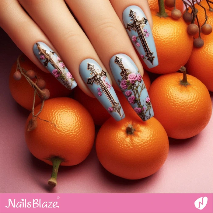 Religious Cross Nails Design with Pink Roses | Cross Nails - NB6046