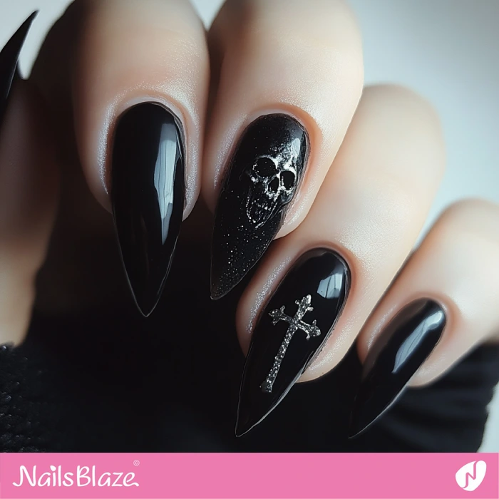 Cross and Skull Dark Nails for Halloween | Halloween Cross Nails - NB5799