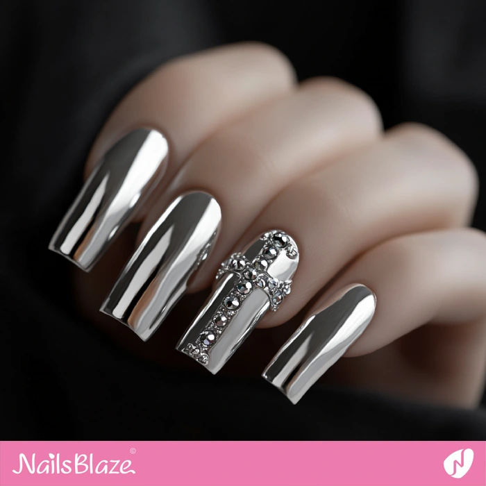 Silver Chrome Nails Cross Design | Cross Nails - NB6025