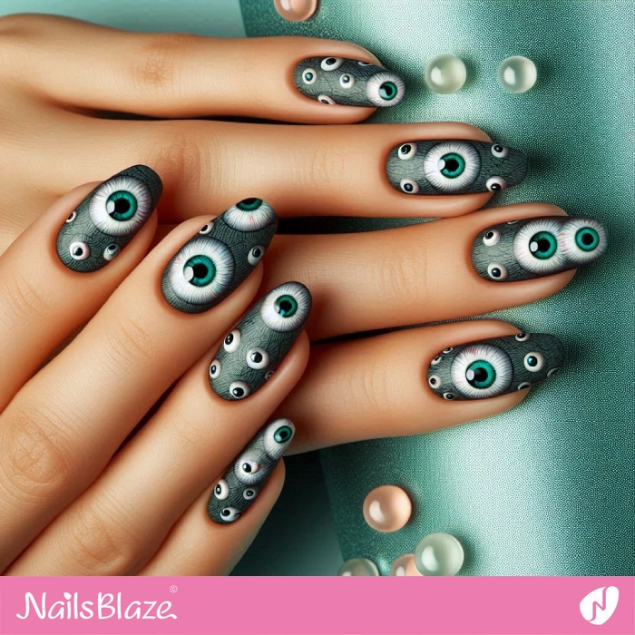 Green Nails with Eyeball Pattern for Halloween | Halloween Eyeball Nails - NB5803