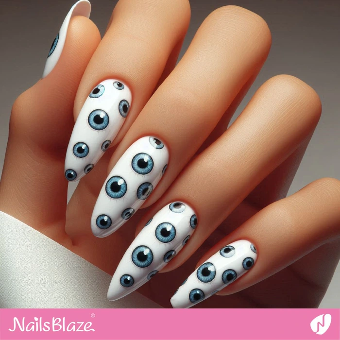 White Nails Eyeball Design for Halloween | Halloween Eyeball Nails - NB5805