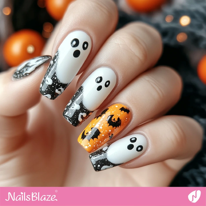 Bat and Ghost French Nails | Halloween Ghost Nails - NB5943