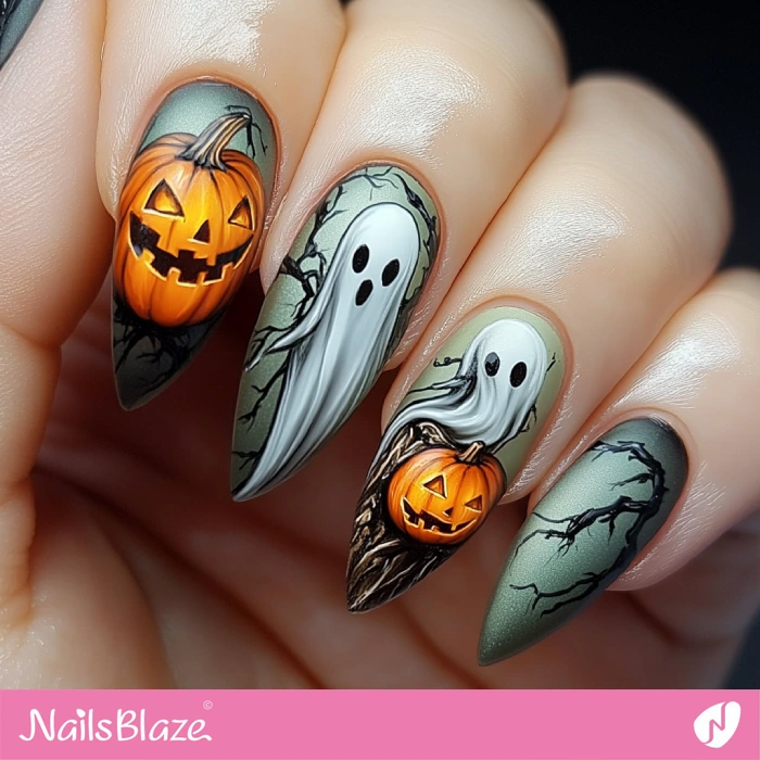 Almond Ghost and Pumpkin Nails Design | Halloween Ghost Nails - NB5948