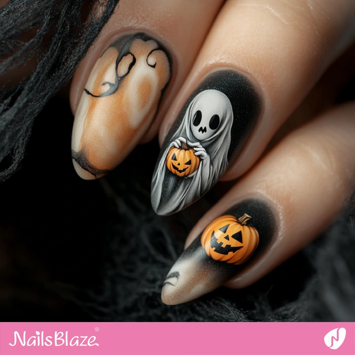 Ghost Holding a Pumpkin Nail Design | Halloween Ghost Nails - NB5953