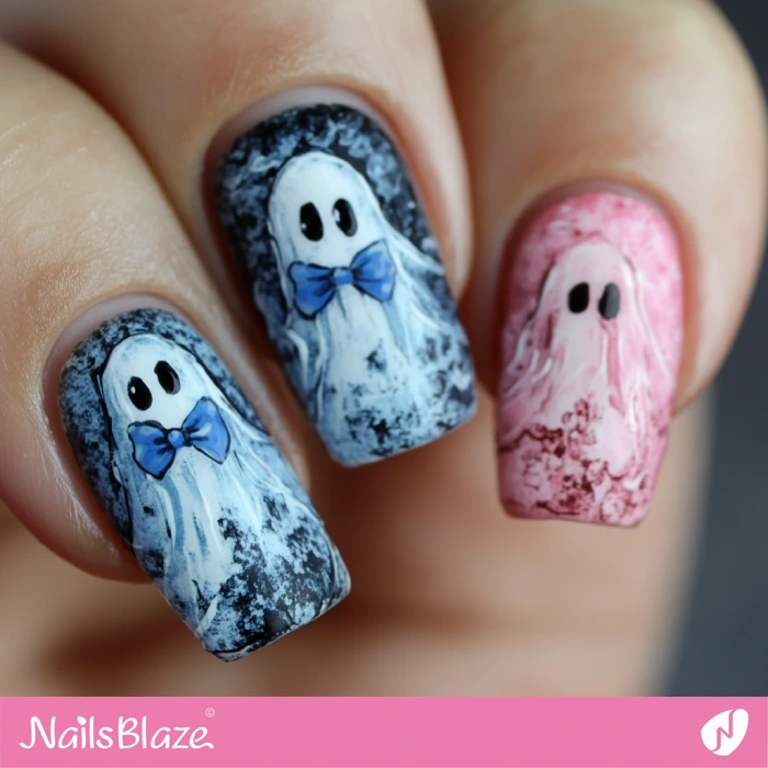 Blue and Pink Ghost Boy Nails Design | Halloween Ghost Nails - NB5955