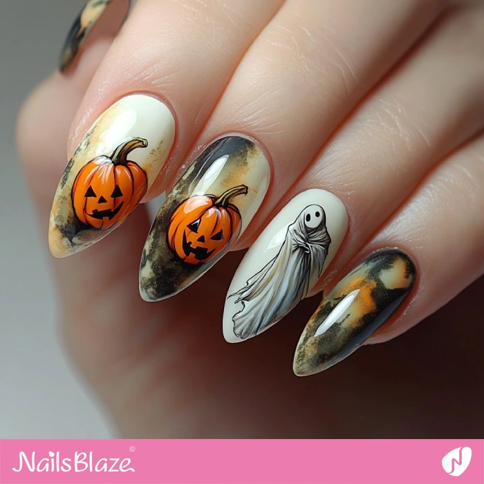 Vintage Watercolor Ghost and Pumpkin Nails | Halloween Ghost Nails - NB5958