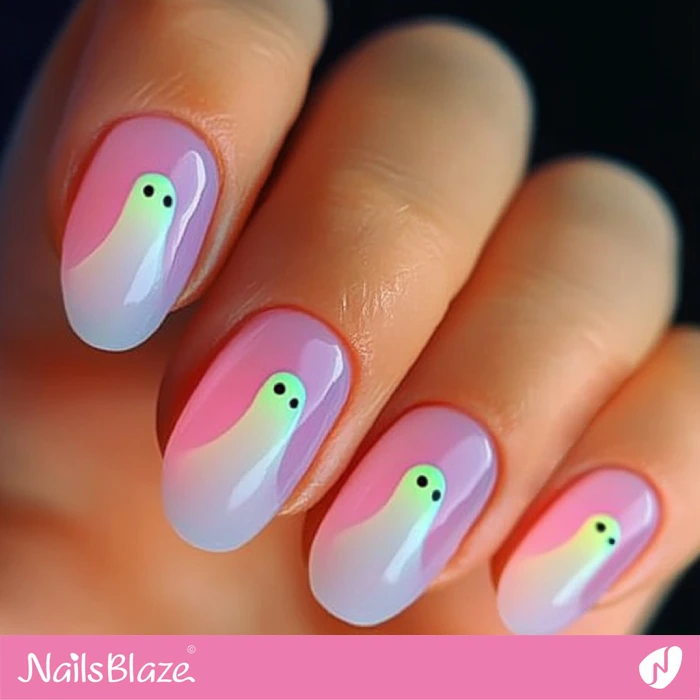 Short Bright Pink Nails with Ghosts | Halloween Ghost Nails - NB5960