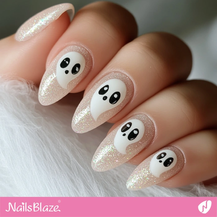 Glitter Nails Ghost Design | Halloween Ghost Nails - NB5934