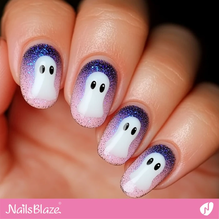 Ghost Design for Short Glitter Nails | Halloween Ghost Nails - NB5961