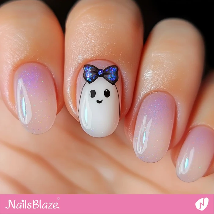 Ghost Girl with Blue Glitter Bow Nail Design | Halloween Ghost Nails - NB5965