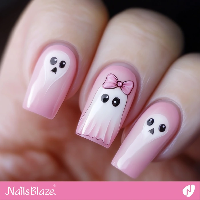 Ghost Girl with a Bow Pink Nails Design | Halloween Ghost Nails - NB5935