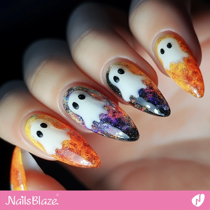 Orange Nails Ghost Design | Halloween Ghost Nails - NB5937