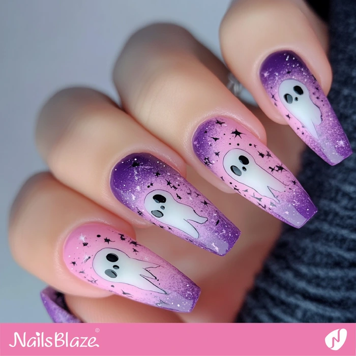 Ghost Design for Purple and Pink Coffin Nails | Halloween Ghost Nails - NB5938